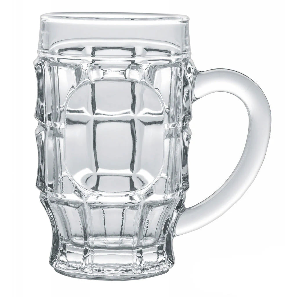 Jarro cervecero Hamburgo Cristar de 525 ml con diseño robusto, vidrio grueso y asa amplia, ideal para servir cerveza fría con estilo en ambientes casuales o profesionales.