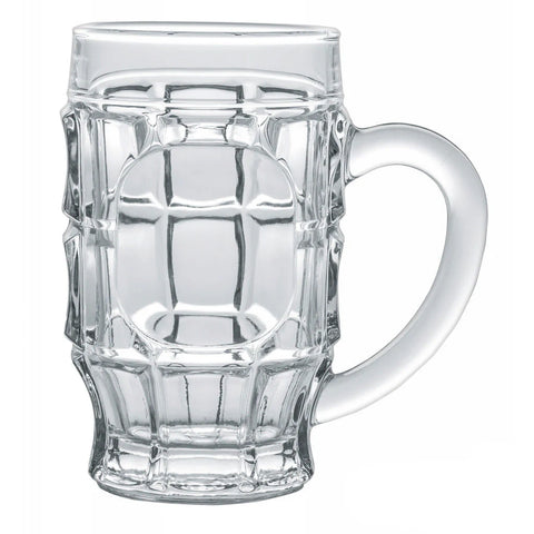 Jarro cervecero Hamburgo Cristar de 525 ml con diseño robusto, vidrio grueso y asa amplia, ideal para servir cerveza fría con estilo en ambientes casuales o profesionales.