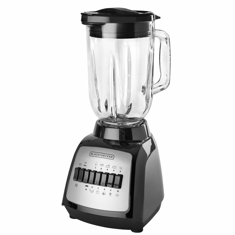 Licuadora BLACK+DECKER DuraPro de 550W con jarra de vidrio de 1.25L, 10 velocidades, función de pulso y cuchillas de acero inoxidable para triturar hielo.
