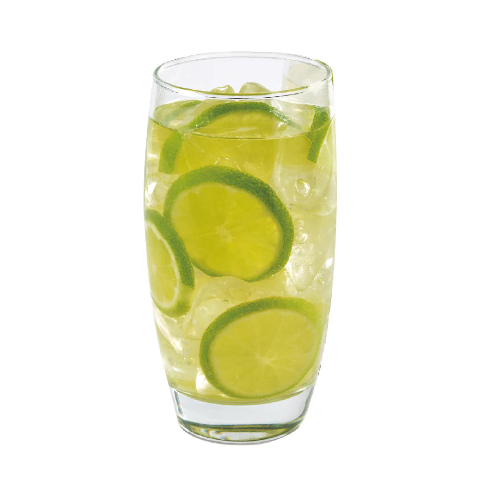 Vaso Dubái Bebidas de 453 ml con diseño estilizado en vidrio transparente, ideal para cócteles, jugos o bebidas frías con una presentación original y elegante.