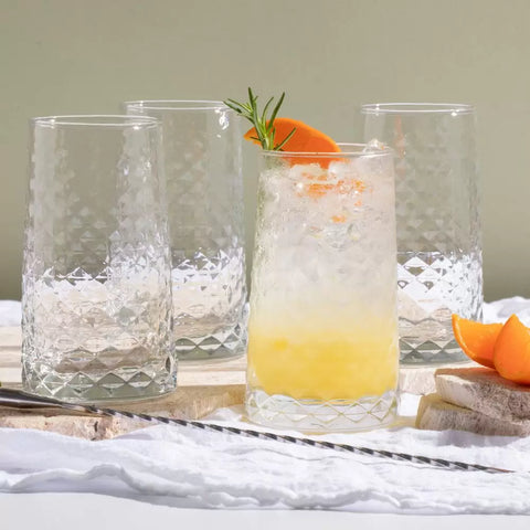 Vaso Cairo Bebidas 16 1/4 oz en canastilla de 6 unidades, diseño moderno y seguro para contacto con alimentos.