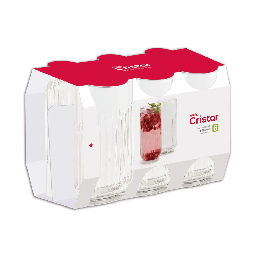 Vaso Barcelona Bebidas de 453 ml con líneas rectas y cristal claro, ideal para servir jugos, mocktails o refrescos con abundancia y estilo moderno.