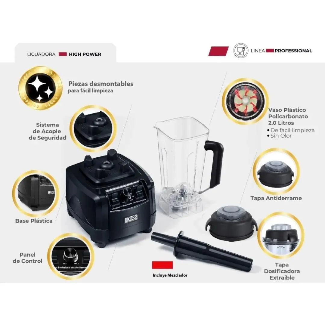 Licuadora Profesional DKASA High Power de 1800W, vaso de Tritán de 2 litros, cuchillas de acero inoxidable y control de velocidades.