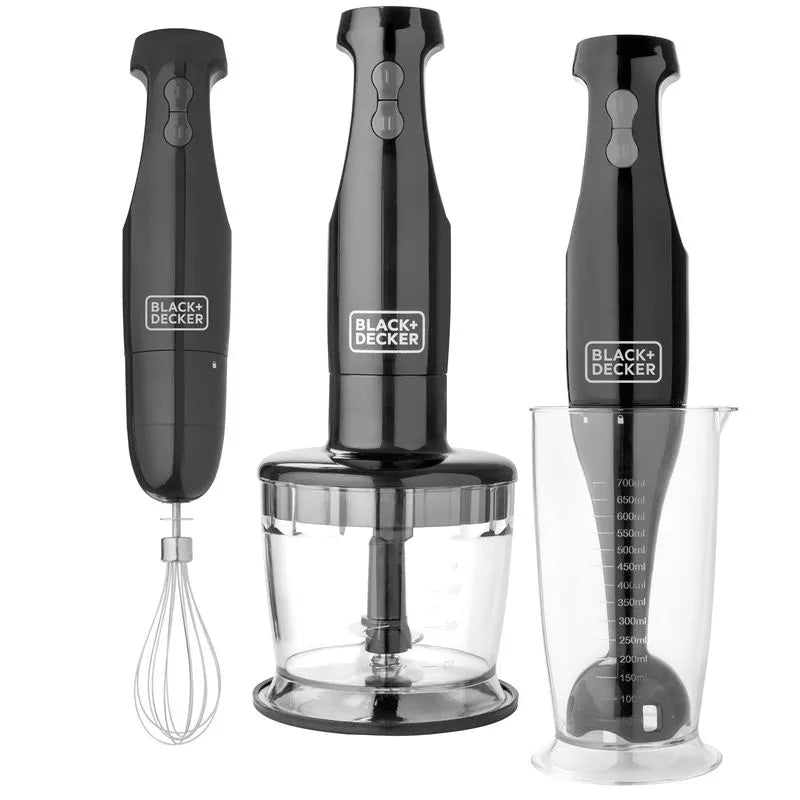 Batidora de inmersión Black+Decker 3 en 1, con accesorios y cuchillas de acero inoxidable, diseño ergonómico y potente de 200 Watts.