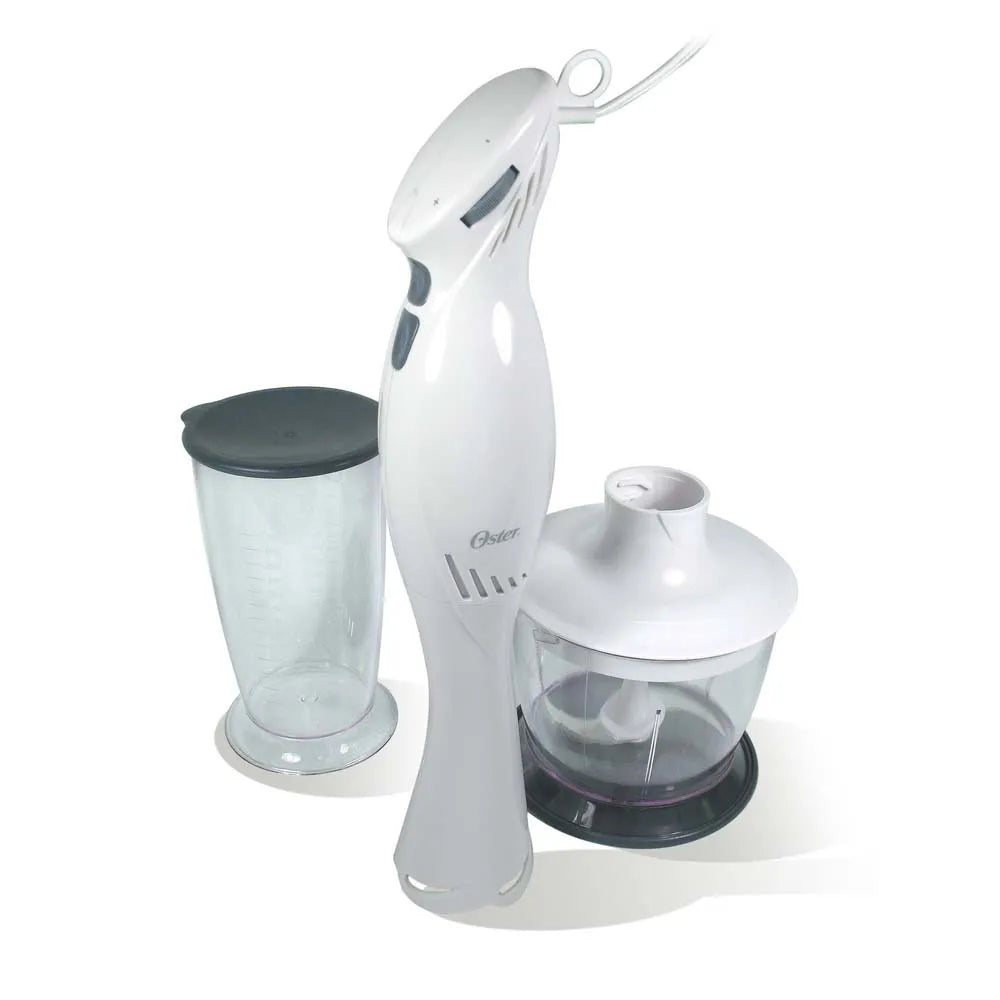 Batidora Oster® de Inmersión de 250 watts, con vaso graduado, accesorio picatodo, y base desmontable para fácil limpieza