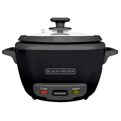 Olla arrocera BLACK+DECKER de 14 tazas con tapa de vidrio, vaporera y recubrimiento antiadherente, ideal para preparar múltiples recetas.