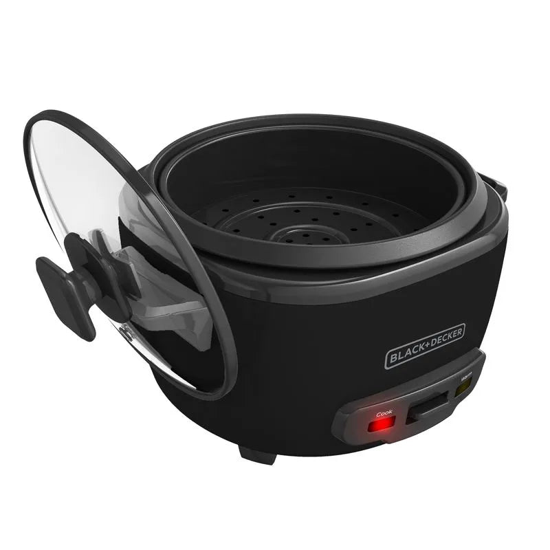 Olla arrocera BLACK+DECKER de 14 tazas con tapa de vidrio, vaporera y recubrimiento antiadherente, ideal para preparar múltiples recetas.