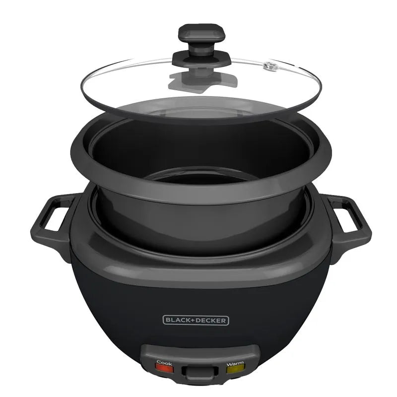 Olla arrocera BLACK+DECKER de 14 tazas con tapa de vidrio, vaporera y recubrimiento antiadherente, ideal para preparar múltiples recetas.