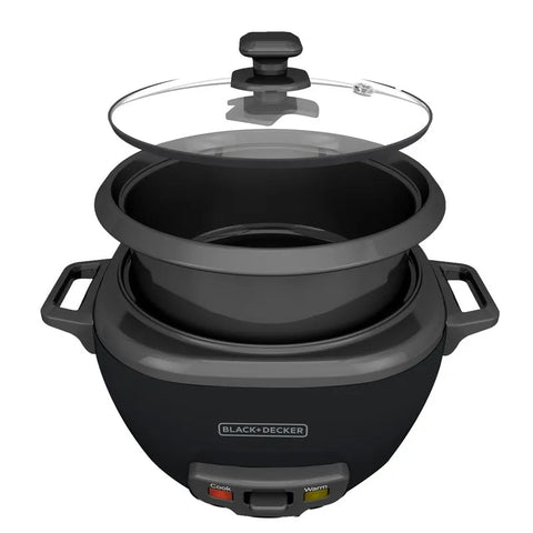 Olla arrocera BLACK+DECKER de 14 tazas con tapa de vidrio, vaporera y recubrimiento antiadherente, ideal para preparar múltiples recetas.