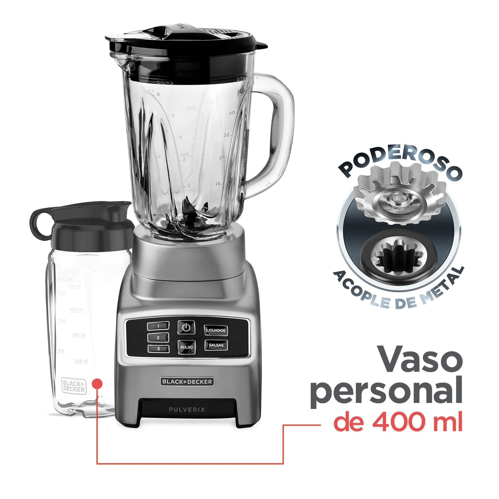 Licuadora BLACK+DECKER Pulverix Digital con 700W de potencia, jarra de vidrio de 1.5L, vaso personal de 500ml y controles digitales con funciones automáticas.