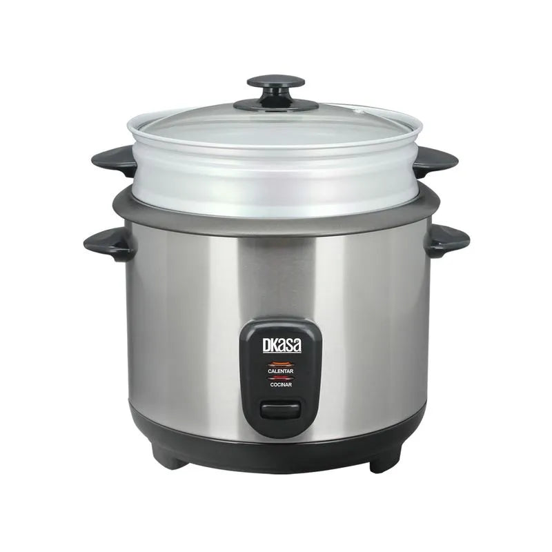 Olla Arrocera Inox con Vaporera DKasa 1 Lb con tapa de vidrio, cable desmontable y tazón antiadherente, ideal para cocinar y mantener caliente.