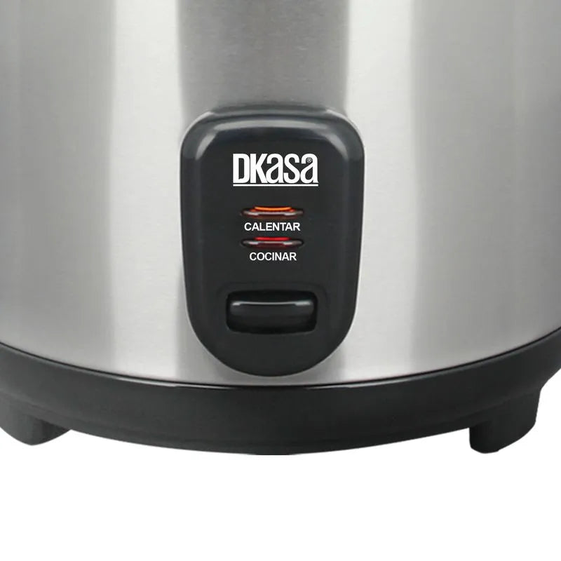 Olla Arrocera Inox con Vaporera DKasa 1 Lb con tapa de vidrio, cable desmontable y tazón antiadherente, ideal para cocinar y mantener caliente.