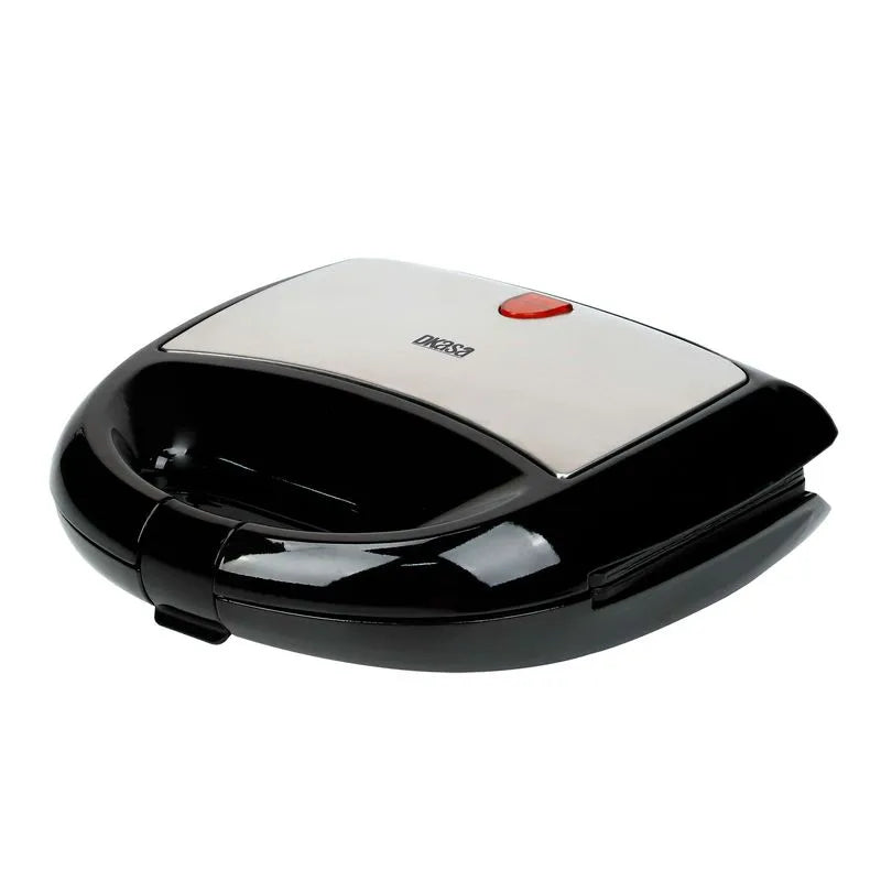 Sanduchera Dkasa de 2 puestos con planchas antiadherentes, luces LED indicadoras, sistema regulador de temperatura y cubierta fría al tacto.