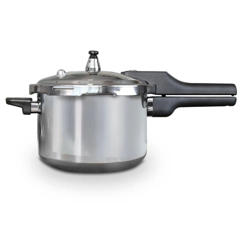 Olla a Presión Aluminio con Tapa en Acero 9 Litros Home Elements, apta para estufas eléctricas y a gas, con cierre externo para mayor seguridad.