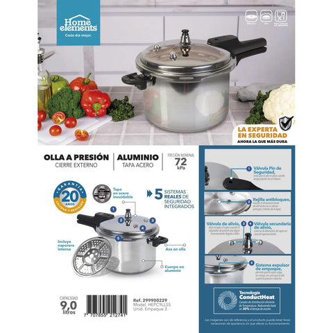 Olla a Presión Aluminio con Tapa en Acero 9 Litros Home Elements, apta para estufas eléctricas y a gas, con cierre externo para mayor seguridad.