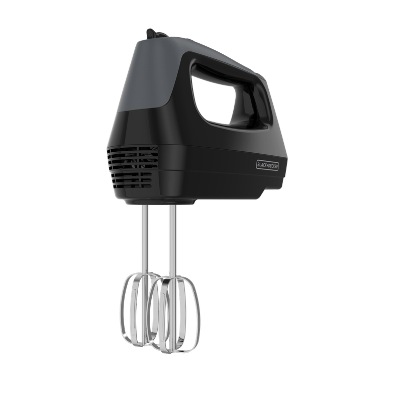 Batidora de mano Black+Decker liviana negra con 5 velocidades, función turbo y batidores de alambre estilo profesional.