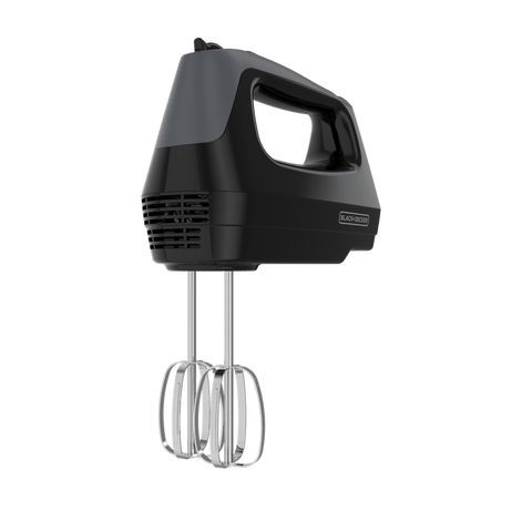 Batidora de mano Black+Decker liviana negra con 5 velocidades, función turbo y batidores de alambre estilo profesional.