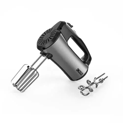 Batidora Premium Manual Dkasa de 5 velocidades, 300 watts de potencia, con cuerpo en acero inoxidable y accesorios cromados.