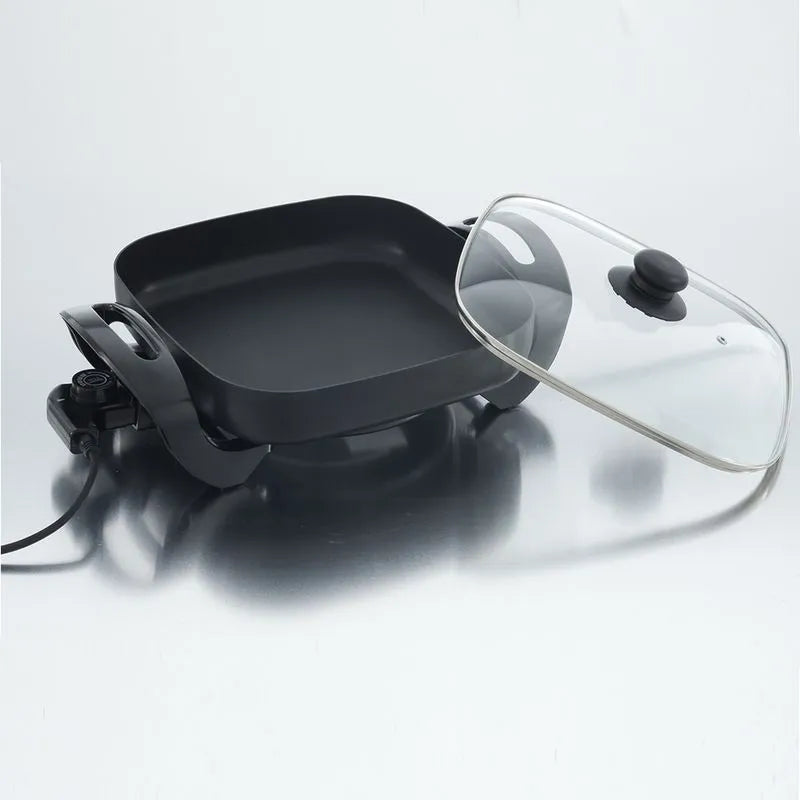 Sartén eléctrico de 30 cm con tapa de vidrio termo resistente y control de temperatura ajustable, ideal para cocinar con versatilidad y facilidad.