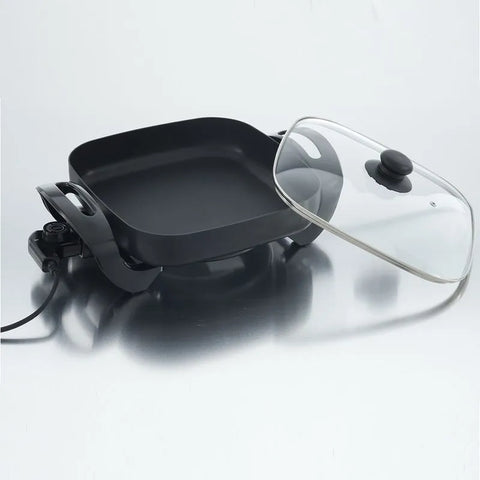 Sartén eléctrico de 30 cm con tapa de vidrio termo resistente y control de temperatura ajustable, ideal para cocinar con versatilidad y facilidad.