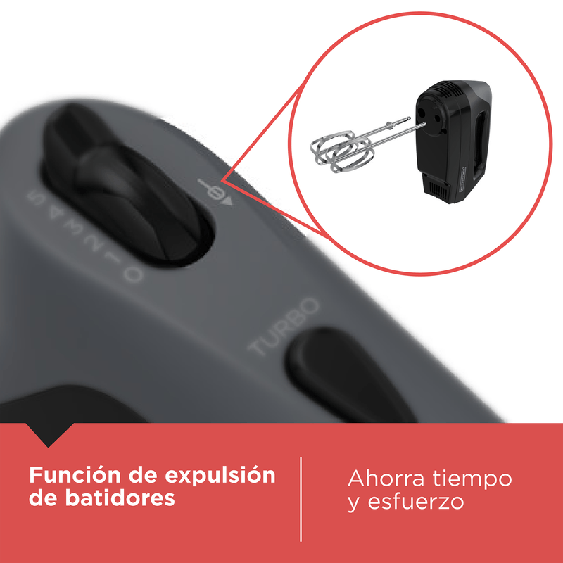 Batidora de mano Black+Decker liviana negra con 5 velocidades, función turbo y batidores de alambre estilo profesional.