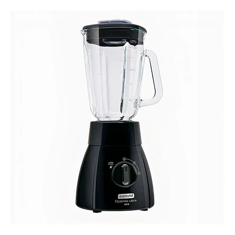 Licuadora Optimix Plus Samurai de 500 Watts con vaso de vidrio de 1.25 litros, cuchillas de acero inoxidable y diseño negro.