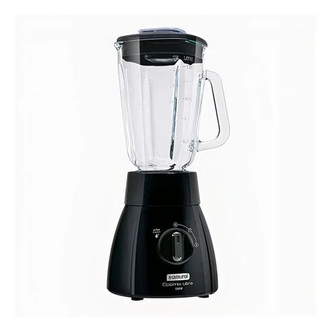 Licuadora Optimix Plus Samurai de 500 Watts con vaso de vidrio de 1.25 litros, cuchillas de acero inoxidable y diseño negro.