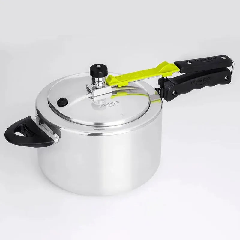 Olla a presión Universal de 4 litros con cierre interno, fabricada en aluminio con válvula de seguridad y pesa de regulación.