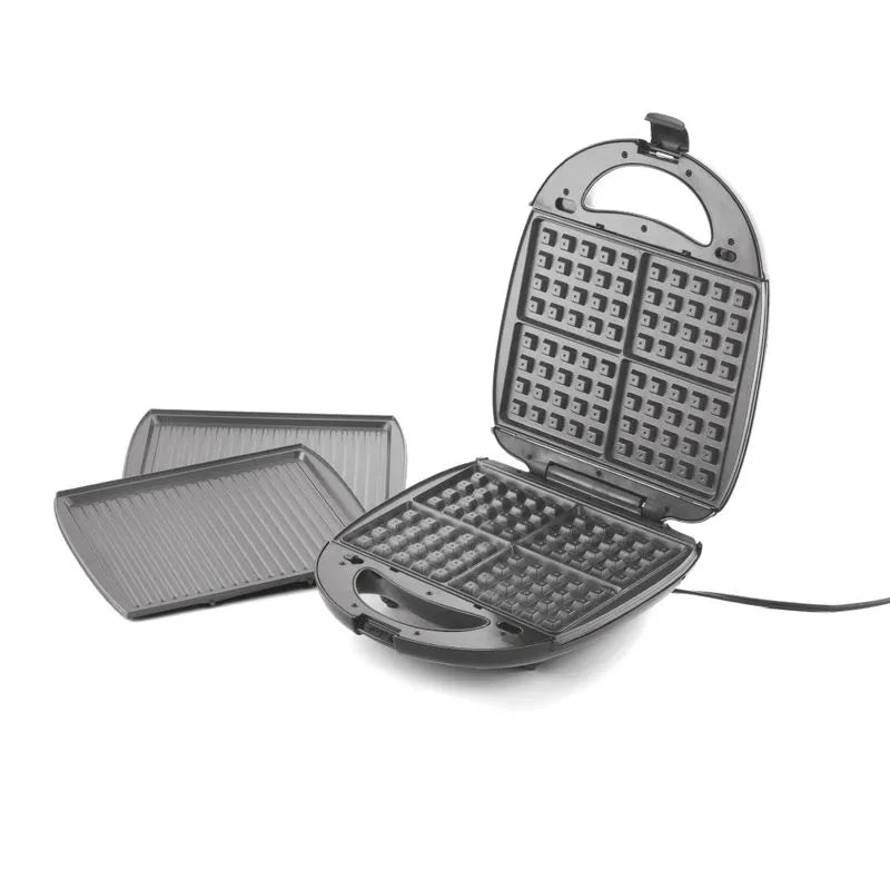 Sanduchera Universal 4P Multifuncional con placas intercambiables para sándwiches y waffles, con recubrimiento antiadherente, clip de seguridad y pies antideslizantes.