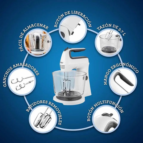 Batidora de mano y pedestal Oster® con tazón de vidrio y función giratoria para mezclas rápidas y uniformes.