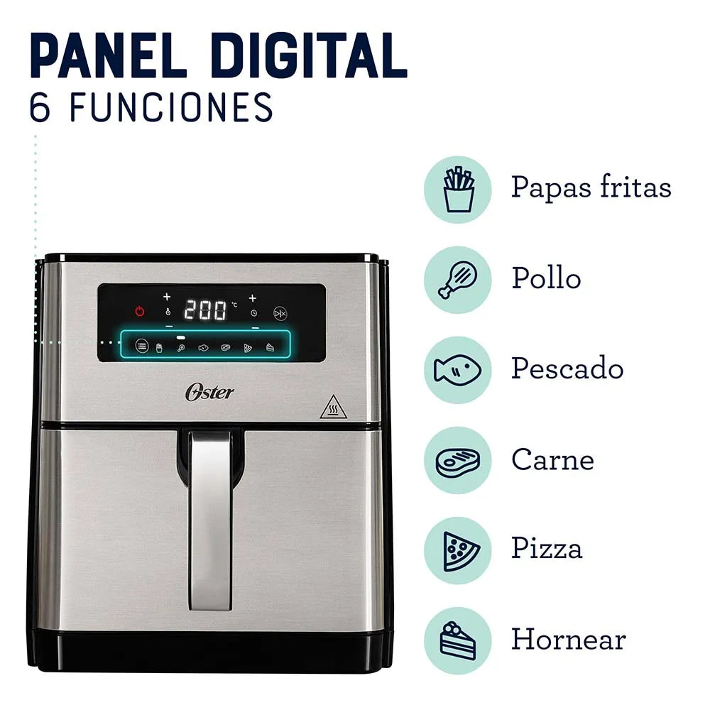 Freidora de Aire Oster® 9L, panel digital, 6 funciones preprogramadas, recubrimiento DiamondForce antiadherente, cocina rápida y saludable con un 99,5% menos aceite.