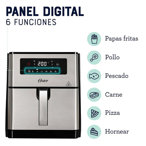 Freidora de Aire Oster® 9L, panel digital, 6 funciones preprogramadas, recubrimiento DiamondForce antiadherente, cocina rápida y saludable con un 99,5% menos aceite.