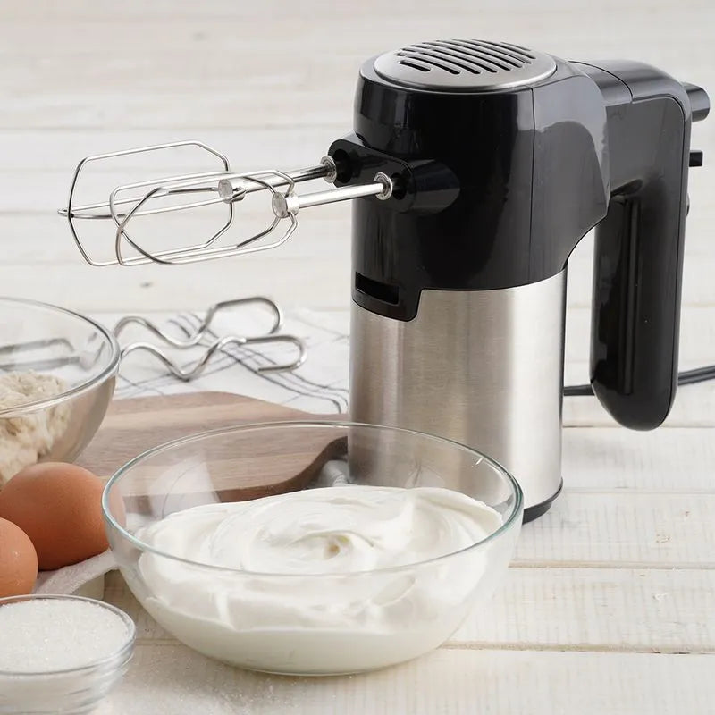 Batidora Inox Mix Universal con función turbo, 300W de potencia y diseño en plástico negro y acero inoxidable."