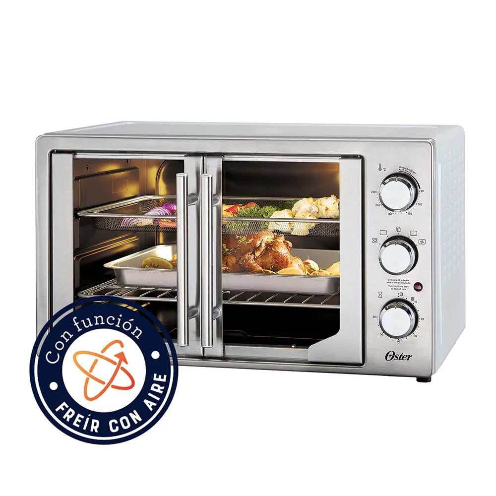 Horno con Freidora de Aire Oster® 42L con 5 funciones pre-programadas, recubrimiento antiadherente, puertas estilo francés y control de temperatura ajustable hasta 230°C.