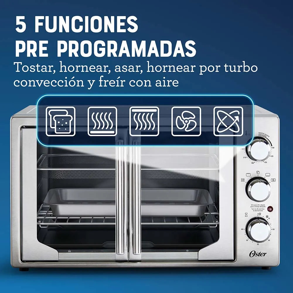 Horno con Freidora de Aire Oster® 42L con 5 funciones pre-programadas, recubrimiento antiadherente, puertas estilo francés y control de temperatura ajustable hasta 230°C.