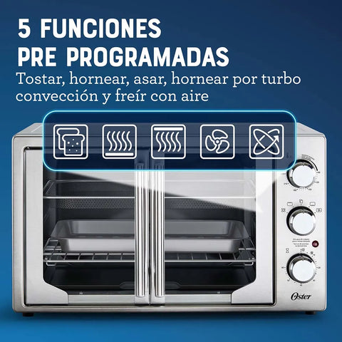 Horno con Freidora de Aire Oster® 42L con 5 funciones pre-programadas, recubrimiento antiadherente, puertas estilo francés y control de temperatura ajustable hasta 230°C.