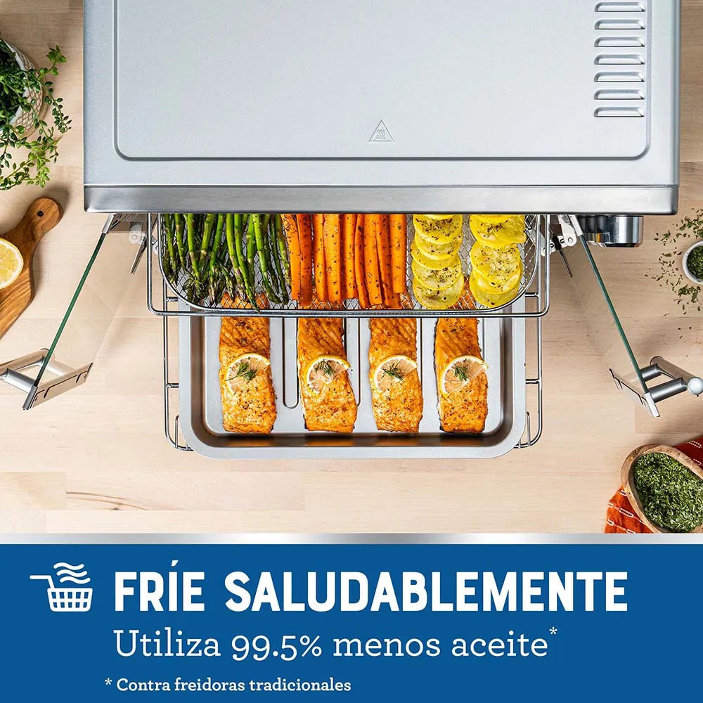 Horno con Freidora de Aire Oster® 42L con 5 funciones pre-programadas, recubrimiento antiadherente, puertas estilo francés y control de temperatura ajustable hasta 230°C.