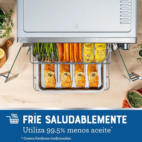 Horno con Freidora de Aire Oster® 42L con 5 funciones pre-programadas, recubrimiento antiadherente, puertas estilo francés y control de temperatura ajustable hasta 230°C.