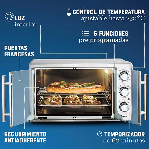 Horno con Freidora de Aire Oster® 42L con 5 funciones pre-programadas, recubrimiento antiadherente, puertas estilo francés y control de temperatura ajustable hasta 230°C.