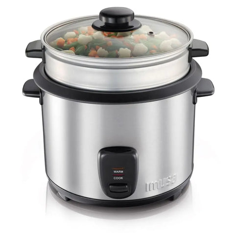 Olla Arrocera Imusa de Acero Inoxidable para 5 tazas, recipiente antiadherente, luces indicadoras y material resistente a altas temperaturas.