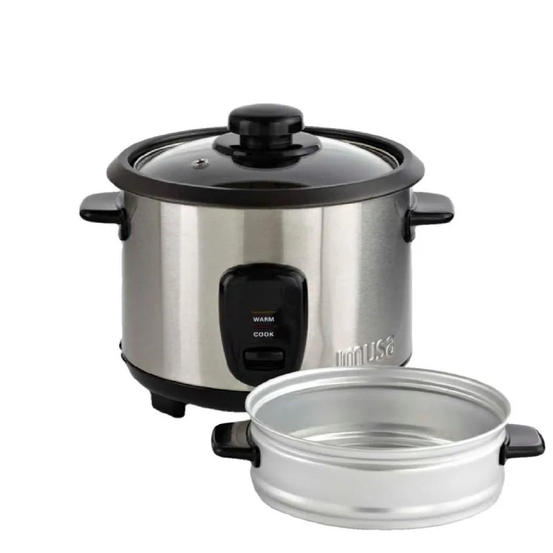 Olla Arrocera Imusa de Acero Inoxidable para 5 tazas, recipiente antiadherente, luces indicadoras y material resistente a altas temperaturas.