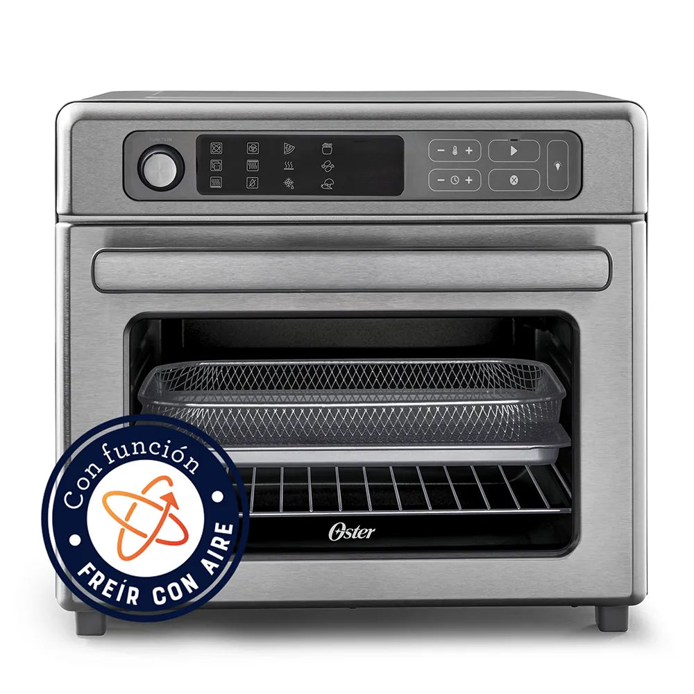 Horno con Freidora de Aire Digital Oster® 22L, 12 funciones pre-programadas, control de temperatura hasta 230°C, recubrimiento antiadherente, freír con aire, y cocción rápida.