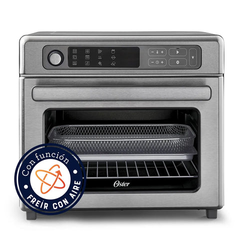 Horno con Freidora de Aire Digital Oster® 22L, 12 funciones pre-programadas, control de temperatura hasta 230°C, recubrimiento antiadherente, freír con aire, y cocción rápida.