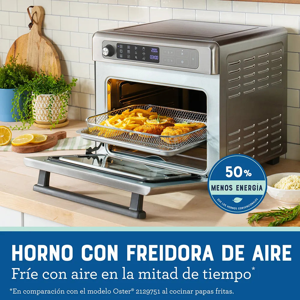 Horno con Freidora de Aire Digital Oster® 22L, 12 funciones pre-programadas, control de temperatura hasta 230°C, recubrimiento antiadherente, freír con aire, y cocción rápida.