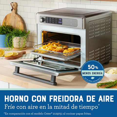 Horno con Freidora de Aire Digital Oster® 22L, 12 funciones pre-programadas, control de temperatura hasta 230°C, recubrimiento antiadherente, freír con aire, y cocción rápida.