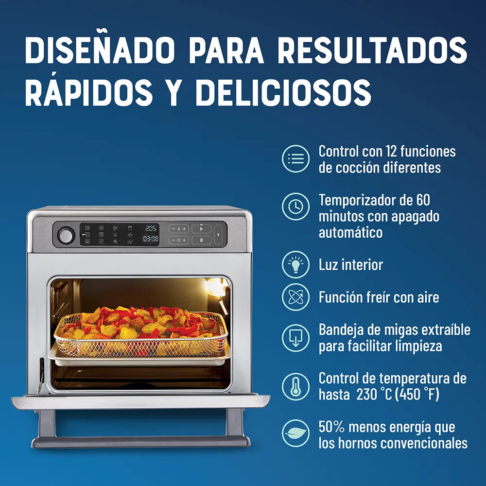 Horno con Freidora de Aire Digital Oster® 22L, 12 funciones pre-programadas, control de temperatura hasta 230°C, recubrimiento antiadherente, freír con aire, y cocción rápida.