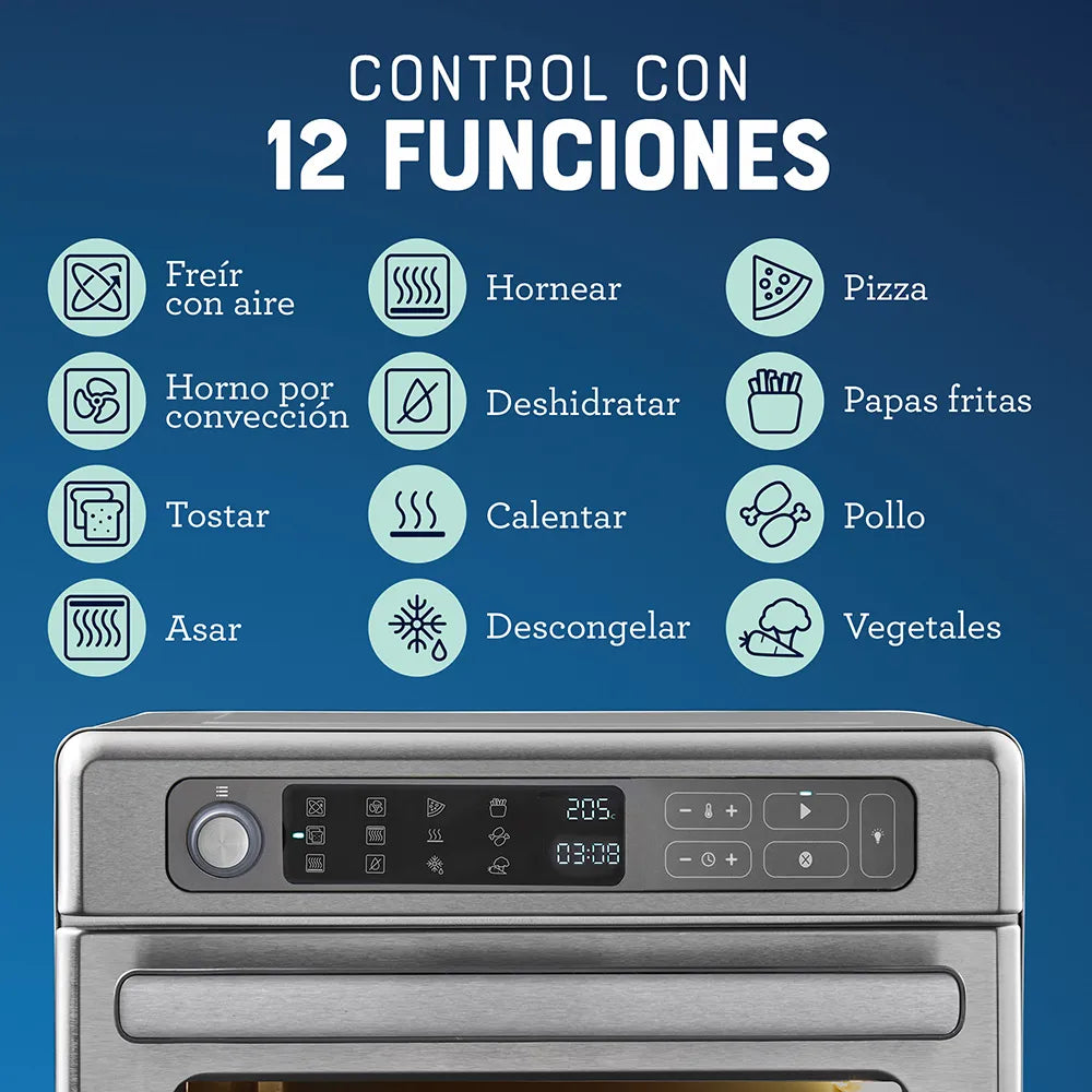 Horno con Freidora de Aire Digital Oster® 22L, 12 funciones pre-programadas, control de temperatura hasta 230°C, recubrimiento antiadherente, freír con aire, y cocción rápida.