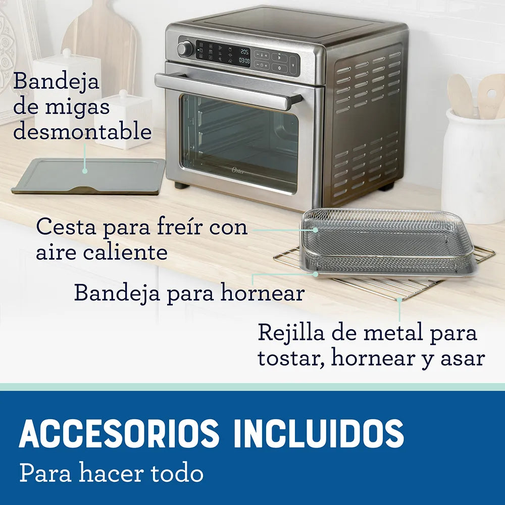 Horno con Freidora de Aire Digital Oster® 22L, 12 funciones pre-programadas, control de temperatura hasta 230°C, recubrimiento antiadherente, freír con aire, y cocción rápida.