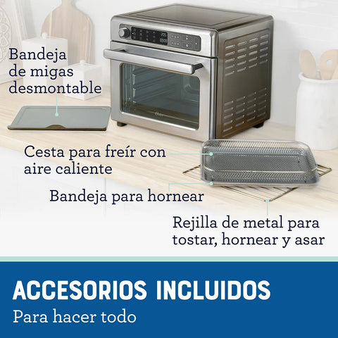 Horno con Freidora de Aire Digital Oster® 22L, 12 funciones pre-programadas, control de temperatura hasta 230°C, recubrimiento antiadherente, freír con aire, y cocción rápida.