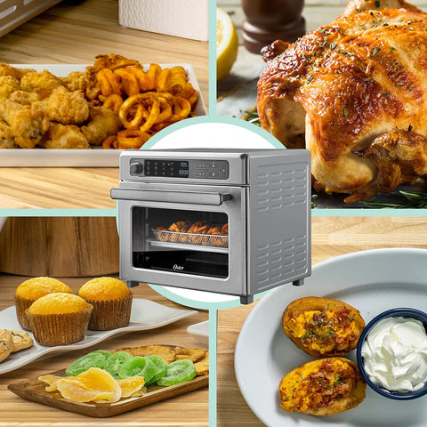 Horno con Freidora de Aire Digital Oster® 22L, 12 funciones pre-programadas, control de temperatura hasta 230°C, recubrimiento antiadherente, freír con aire, y cocción rápida.